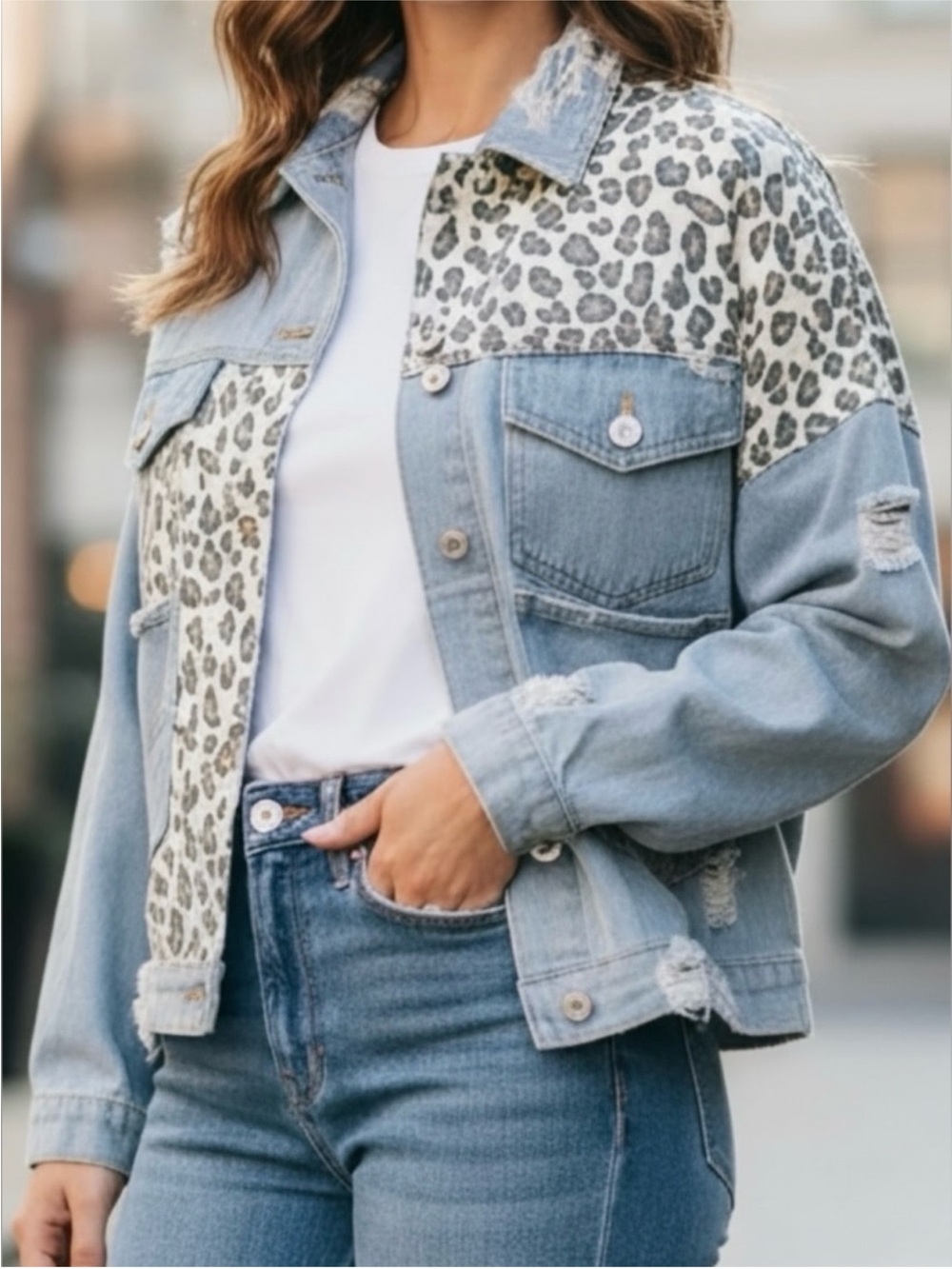 Leopard Patchwork Denim Jacket XL Cropped Distressed Oversized Y2K